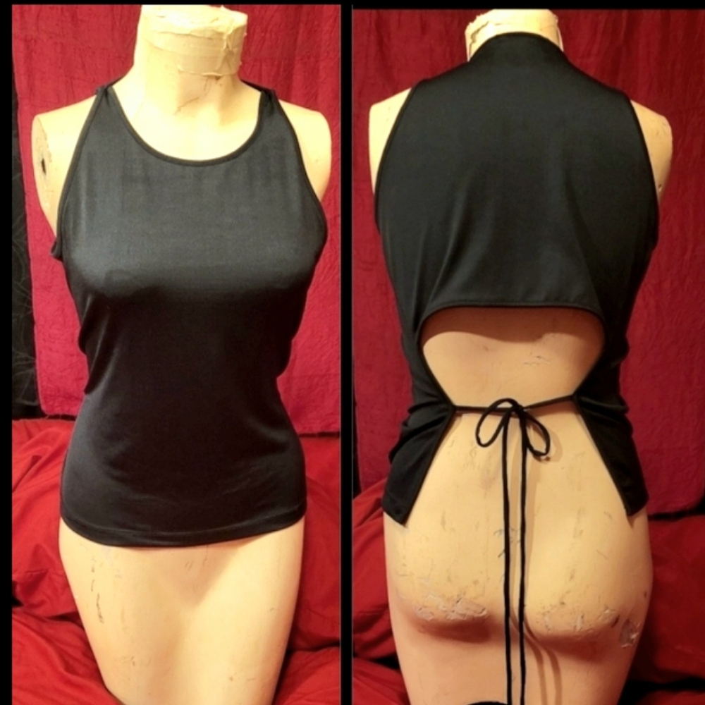 Vtg Y2K NoBo Blk cut out sides back tie strappy sexy tank backless blouse L